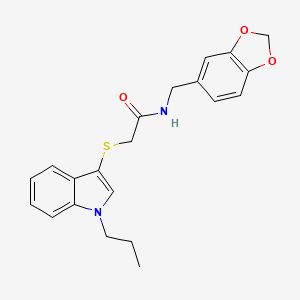 molecular formula C21H22N2O3S B3016314 N-(benzo[d][1,3]dioxol-5-ylmethyl)-2-((1-propyl-1H-indol-3-yl)thio)acetamide CAS No. 851412-16-3