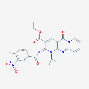 molecular formula C25H23N5O6 B3016661 ethyl 6-(4-methyl-3-nitrobenzoyl)imino-2-oxo-7-propan-2-yl-1,7,9-triazatricyclo[8.4.0.03,8]tetradeca-3(8),4,9,11,13-pentaene-5-carboxylate CAS No. 534567-12-9