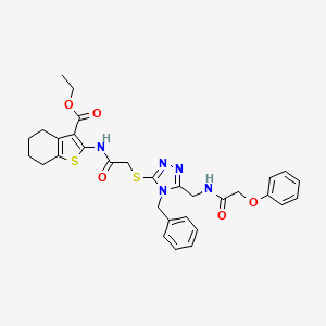 molecular formula C31H33N5O5S2 B3016670 Ethyl 2-[[2-[[4-benzyl-5-[[(2-phenoxyacetyl)amino]methyl]-1,2,4-triazol-3-yl]sulfanyl]acetyl]amino]-4,5,6,7-tetrahydro-1-benzothiophene-3-carboxylate CAS No. 393804-82-5