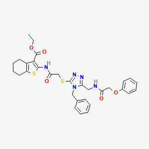 molecular formula C31H33N5O5S2 B3016670 ethyl 2-({[(4-benzyl-5-{[(phenoxyacetyl)amino]methyl}-4H-1,2,4-triazol-3-yl)thio]acetyl}amino)-4,5,6,7-tetrahydro-1-benzothiophene-3-carboxylate CAS No. 393804-82-5