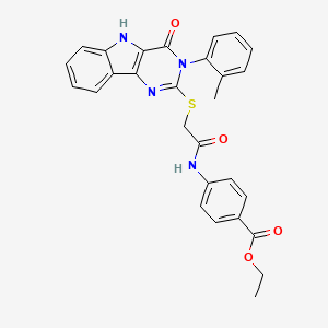 molecular formula C28H24N4O4S B3017152 ethyl 4-(2-((4-oxo-3-(o-tolyl)-4,5-dihydro-3H-pyrimido[5,4-b]indol-2-yl)thio)acetamido)benzoate CAS No. 888440-39-9