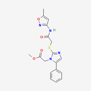 molecular formula C18H18N4O4S B3017208 methyl 2-(2-((2-((5-methylisoxazol-3-yl)amino)-2-oxoethyl)thio)-5-phenyl-1H-imidazol-1-yl)acetate CAS No. 1207020-62-9