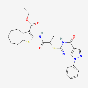 molecular formula C26H27N5O4S2 B3017244 ethyl 2-(2-((4-oxo-1-phenyl-4,5-dihydro-1H-pyrazolo[3,4-d]pyrimidin-6-yl)thio)propanamido)-5,6,7,8-tetrahydro-4H-cyclohepta[b]thiophene-3-carboxylate CAS No. 850912-20-8
