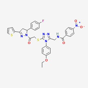 molecular formula C33H28FN7O5S2 B3017253 N-{[4-(4-ETHOXYPHENYL)-5-({2-[5-(4-FLUOROPHENYL)-3-(THIOPHEN-2-YL)-4,5-DIHYDRO-1H-PYRAZOL-1-YL]-2-OXOETHYL}SULFANYL)-4H-1,2,4-TRIAZOL-3-YL]METHYL}-4-NITROBENZAMIDE CAS No. 393583-10-3