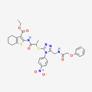 molecular formula C31H32N6O7S2 B3017628 ETHYL 2-(2-{[4-(4-NITROPHENYL)-5-[(2-PHENOXYACETAMIDO)METHYL]-4H-1,2,4-TRIAZOL-3-YL]SULFANYL}PROPANAMIDO)-4,5,6,7-TETRAHYDRO-1-BENZOTHIOPHENE-3-CARBOXYLATE CAS No. 393816-22-3
