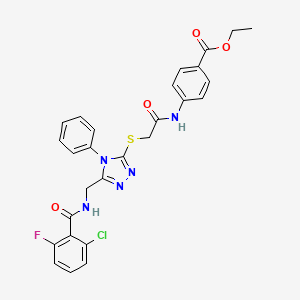 molecular formula C27H23ClFN5O4S B3017734 ethyl 4-(2-((5-((2-chloro-6-fluorobenzamido)methyl)-4-phenyl-4H-1,2,4-triazol-3-yl)thio)acetamido)benzoate CAS No. 393871-78-8
