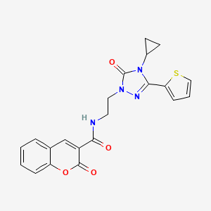 molecular formula C21H18N4O4S B3017886 N-(2-(4-cyclopropyl-5-oxo-3-(thiophen-2-yl)-4,5-dihydro-1H-1,2,4-triazol-1-yl)ethyl)-2-oxo-2H-chromene-3-carboxamide CAS No. 1448133-40-1