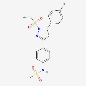 molecular formula C18H20FN3O4S2 B3017996 N-[4-[2-ethylsulfonyl-3-(4-fluorophenyl)-3,4-dihydropyrazol-5-yl]phenyl]methanesulfonamide CAS No. 851780-81-9