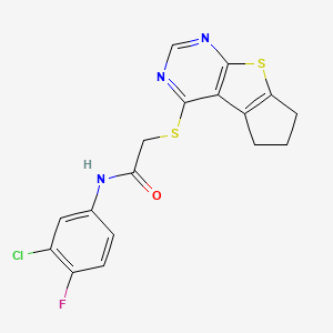 molecular formula C17H13ClFN3OS2 B3018110 N-(3-chloro-4-fluorophenyl)-2-{7-thia-9,11-diazatricyclo[6.4.0.0^{2,6}]dodeca-1(8),2(6),9,11-tetraen-12-ylsulfanyl}acetamide CAS No. 499232-35-8