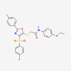 molecular formula C26H23FN2O5S2 B3018323 N-(4-ethoxyphenyl)-2-((4-((4-fluorophenyl)sulfonyl)-2-(p-tolyl)oxazol-5-yl)thio)acetamide CAS No. 850926-62-4