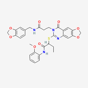 molecular formula C31H30N4O8S B3018444 2-((7-(3-((benzo[d][1,3]dioxol-5-ylmethyl)amino)-3-oxopropyl)-8-oxo-7,8-dihydro-[1,3]dioxolo[4,5-g]quinazolin-6-yl)thio)-N-(2-methoxyphenyl)butanamide CAS No. 688059-55-4
