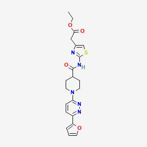 molecular formula C21H23N5O4S B3018492 Ethyl 2-(2-(1-(6-(furan-2-yl)pyridazin-3-yl)piperidine-4-carboxamido)thiazol-4-yl)acetate CAS No. 1105233-62-2