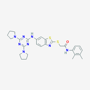 molecular formula C28H32N8OS2 B301852 N-(2,3-dimethylphenyl)-2-[(6-{[4,6-di(1-pyrrolidinyl)-1,3,5-triazin-2-yl]amino}-1,3-benzothiazol-2-yl)sulfanyl]acetamide 