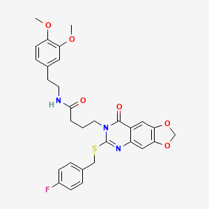 molecular formula C30H30FN3O6S B3018746 N-(3,4-dimethoxyphenethyl)-4-(6-((4-fluorobenzyl)thio)-8-oxo-[1,3]dioxolo[4,5-g]quinazolin-7(8H)-yl)butanamide CAS No. 688060-48-2