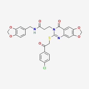 molecular formula C28H22ClN3O7S B3018757 N-(1,3-benzodioxol-5-ylmethyl)-3-[6-[2-(4-chlorophenyl)-2-oxoethyl]sulfanyl-8-oxo-[1,3]dioxolo[4,5-g]quinazolin-7-yl]propanamide CAS No. 896705-40-1