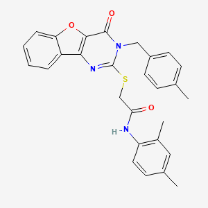 molecular formula C28H25N3O3S B3019089 N-(2,4-dimethylphenyl)-2-{[3-(4-methylbenzyl)-4-oxo-3,4-dihydro[1]benzofuro[3,2-d]pyrimidin-2-yl]sulfanyl}acetamide CAS No. 866894-78-2