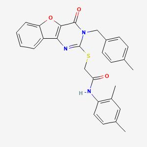 molecular formula C28H25N3O3S B3019089 N-(2,4-dimethylphenyl)-2-[[3-[(4-methylphenyl)methyl]-4-oxo-[1]benzofuro[3,2-d]pyrimidin-2-yl]sulfanyl]acetamide CAS No. 866894-78-2