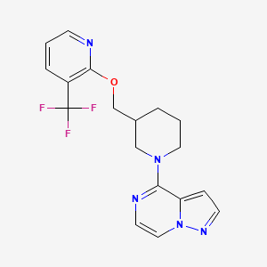molecular formula C18H18F3N5O B3019188 4-[3-[[3-(Trifluoromethyl)pyridin-2-yl]oxymethyl]piperidin-1-yl]pyrazolo[1,5-a]pyrazine CAS No. 2379975-78-5