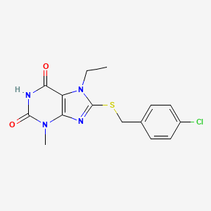 molecular formula C15H15ClN4O2S B3019232 8-((4-chlorobenzyl)thio)-7-ethyl-3-methyl-1H-purine-2,6(3H,7H)-dione CAS No. 303971-16-6