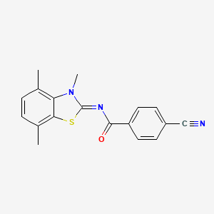 4-cyano-N-(3,4,7-trimethyl-1,3-benzothiazol-2-ylidene)benzamide