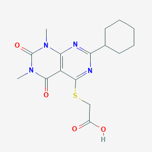 molecular formula C16H20N4O4S B3019234 2-((2-Cyclohexyl-6,8-dimethyl-5,7-dioxo-5,6,7,8-tetrahydropyrimido[4,5-d]pyrimidin-4-yl)thio)acetic acid CAS No. 872627-47-9