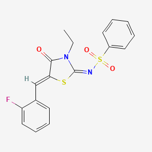 molecular formula C18H15FN2O3S2 B3019244 (E)-N-((Z)-3-ethyl-5-(2-fluorobenzylidene)-4-oxothiazolidin-2-ylidene)benzenesulfonamide CAS No. 867041-81-4