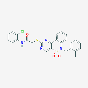 molecular formula C26H21ClN4O3S2 B3019495 N-(2-chlorophenyl)-2-({9-[(2-methylphenyl)methyl]-8,8-dioxo-8lambda6-thia-3,5,9-triazatricyclo[8.4.0.0^{2,7}]tetradeca-1(14),2(7),3,5,10,12-hexaen-4-yl}sulfanyl)acetamide CAS No. 895100-28-4