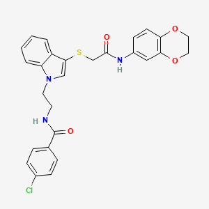 molecular formula C27H24ClN3O4S B3019527 4-chloro-N-(2-(3-((2-((2,3-dihydrobenzo[b][1,4]dioxin-6-yl)amino)-2-oxoethyl)thio)-1H-indol-1-yl)ethyl)benzamide CAS No. 532972-53-5