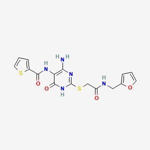 molecular formula C16H15N5O4S2 B3019541 N-(4-amino-2-((2-((furan-2-ylmethyl)amino)-2-oxoethyl)thio)-6-oxo-1,6-dihydropyrimidin-5-yl)thiophene-2-carboxamide CAS No. 868225-75-6