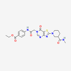 molecular formula C23H26N6O5S B3019663 ethyl 4-(2-{2-[3-(methylcarbamoyl)piperidin-1-yl]-7-oxo-6H,7H-[1,3]thiazolo[4,5-d]pyrimidin-6-yl}acetamido)benzoate CAS No. 1115982-81-4