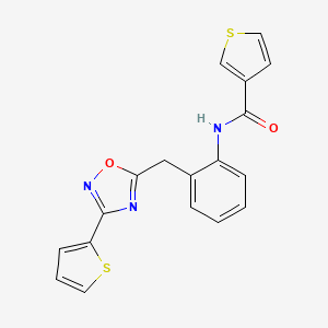 molecular formula C18H13N3O2S2 B3019685 N-(2-((3-(thiophen-2-yl)-1,2,4-oxadiazol-5-yl)methyl)phenyl)thiophene-3-carboxamide CAS No. 1797963-49-5