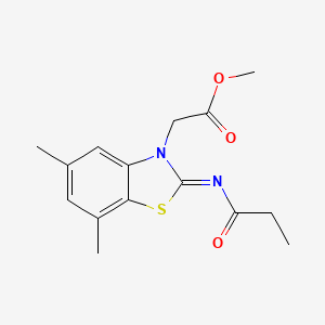 molecular formula C15H18N2O3S B3019751 Methyl 2-(5,7-dimethyl-2-propanoylimino-1,3-benzothiazol-3-yl)acetate CAS No. 1164495-33-3