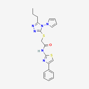 molecular formula C20H20N6OS2 B3019798 N-(4-phenyl-1,3-thiazol-2-yl)-2-{[5-propyl-4-(1H-pyrrol-1-yl)-4H-1,2,4-triazol-3-yl]sulfanyl}acetamide CAS No. 896298-10-5