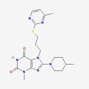 molecular formula C20H27N7O2S B3019886 3-Methyl-8-(4-methylpiperidin-1-yl)-7-[3-(4-methylpyrimidin-2-yl)sulfanylpropyl]purine-2,6-dione CAS No. 893957-56-7