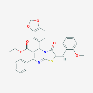 molecular formula C30H24N2O6S B301999 ETHYL (2E)-5-(2H-1,3-BENZODIOXOL-5-YL)-2-[(2-METHOXYPHENYL)METHYLIDENE]-3-OXO-7-PHENYL-2H,3H,5H-[1,3]THIAZOLO[3,2-A]PYRIMIDINE-6-CARBOXYLATE 