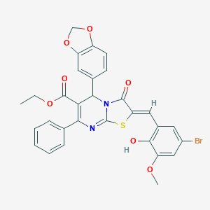 molecular formula C30H23BrN2O7S B302001 ETHYL (2Z)-5-(2H-1,3-BENZODIOXOL-5-YL)-2-[(5-BROMO-2-HYDROXY-3-METHOXYPHENYL)METHYLIDENE]-3-OXO-7-PHENYL-2H,3H,5H-[1,3]THIAZOLO[3,2-A]PYRIMIDINE-6-CARBOXYLATE 