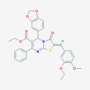 molecular formula C32H28N2O7S B302006 ETHYL (2Z)-5-(2H-1,3-BENZODIOXOL-5-YL)-2-[(3-ETHOXY-4-METHOXYPHENYL)METHYLIDENE]-3-OXO-7-PHENYL-2H,3H,5H-[1,3]THIAZOLO[3,2-A]PYRIMIDINE-6-CARBOXYLATE 