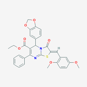 molecular formula C31H26N2O7S B302009 ETHYL (2Z)-5-(2H-1,3-BENZODIOXOL-5-YL)-2-[(2,5-DIMETHOXYPHENYL)METHYLIDENE]-3-OXO-7-PHENYL-2H,3H,5H-[1,3]THIAZOLO[3,2-A]PYRIMIDINE-6-CARBOXYLATE 