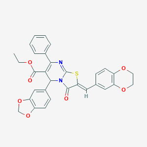 molecular formula C31H24N2O7S B302014 ethyl 5-(1,3-benzodioxol-5-yl)-2-(2,3-dihydro-1,4-benzodioxin-6-ylmethylene)-3-oxo-7-phenyl-2,3-dihydro-5H-[1,3]thiazolo[3,2-a]pyrimidine-6-carboxylate 