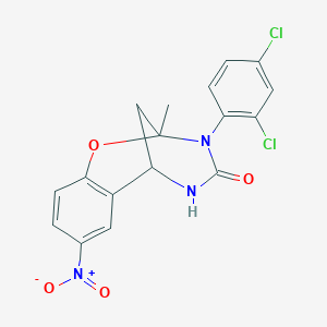 molecular formula C17H13Cl2N3O4 B3020169 3-(2,4-dichlorophenyl)-2-methyl-8-nitro-5,6-dihydro-2H-2,6-methanobenzo[g][1,3,5]oxadiazocin-4(3H)-one CAS No. 866016-19-5