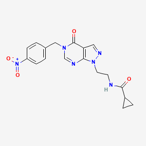 molecular formula C18H18N6O4 B3020586 N-(2-(5-(4-nitrobenzyl)-4-oxo-4,5-dihydro-1H-pyrazolo[3,4-d]pyrimidin-1-yl)ethyl)cyclopropanecarboxamide CAS No. 922037-32-9