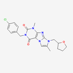 molecular formula C21H22ClN5O3 B3020664 2-[(4-Chlorophenyl)methyl]-4,7-dimethyl-6-(oxolan-2-ylmethyl)purino[7,8-a]imidazole-1,3-dione CAS No. 876673-93-7