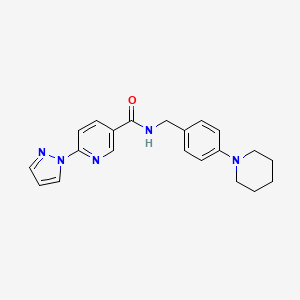 molecular formula C21H23N5O B3020937 N-(4-(piperidin-1-yl)benzyl)-6-(1H-pyrazol-1-yl)nicotinamide CAS No. 1251558-00-5