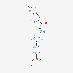 molecular formula C26H23FN2O4S B302149 ETHYL 4-(3-{[(5Z)-3-[(4-FLUOROPHENYL)METHYL]-2,4-DIOXO-1,3-THIAZOLIDIN-5-YLIDENE]METHYL}-2,5-DIMETHYL-1H-PYRROL-1-YL)BENZOATE 