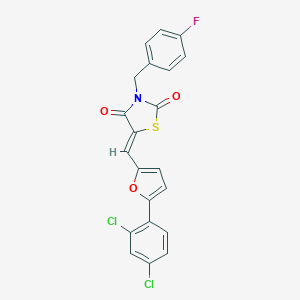molecular formula C21H12Cl2FNO3S B302162 (5Z)-5-{[5-(2,4-DICHLOROPHENYL)FURAN-2-YL]METHYLIDENE}-3-[(4-FLUOROPHENYL)METHYL]-1,3-THIAZOLIDINE-2,4-DIONE 