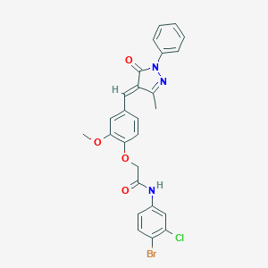 molecular formula C26H21BrClN3O4 B302364 N-(4-BROMO-3-CHLOROPHENYL)-2-(2-METHOXY-4-{[(4E)-3-METHYL-5-OXO-1-PHENYL-4,5-DIHYDRO-1H-PYRAZOL-4-YLIDENE]METHYL}PHENOXY)ACETAMIDE 