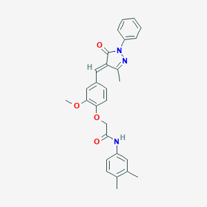 molecular formula C28H27N3O4 B302366 N~1~-(3,4-DIMETHYLPHENYL)-2-{2-METHOXY-4-[(3-METHYL-5-OXO-1-PHENYL-1,5-DIHYDRO-4H-PYRAZOL-4-YLIDEN)METHYL]PHENOXY}ACETAMIDE 
