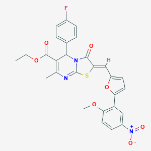 molecular formula C28H22FN3O7S B302421 ETHYL 5-(4-FLUOROPHENYL)-2-{(Z)-1-[5-(2-METHOXY-5-NITROPHENYL)-2-FURYL]METHYLIDENE}-7-METHYL-3-OXO-5H-[1,3]THIAZOLO[3,2-A]PYRIMIDINE-6(3H)-CARBOXYLATE 