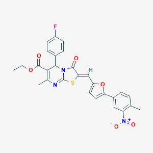 molecular formula C28H22FN3O6S B302422 ETHYL (2Z)-5-(4-FLUOROPHENYL)-7-METHYL-2-{[5-(4-METHYL-3-NITROPHENYL)FURAN-2-YL]METHYLIDENE}-3-OXO-2H,3H,5H-[1,3]THIAZOLO[3,2-A]PYRIMIDINE-6-CARBOXYLATE 