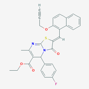 molecular formula C30H23FN2O4S B302423 ETHYL (2Z)-5-(4-FLUOROPHENYL)-7-METHYL-3-OXO-2-{[2-(PROP-2-YN-1-YLOXY)NAPHTHALEN-1-YL]METHYLIDENE}-2H,3H,5H-[1,3]THIAZOLO[3,2-A]PYRIMIDINE-6-CARBOXYLATE 